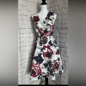 Carolina Herrera Dotted Rose print sleeveless A-line Dress Red/Navy/white